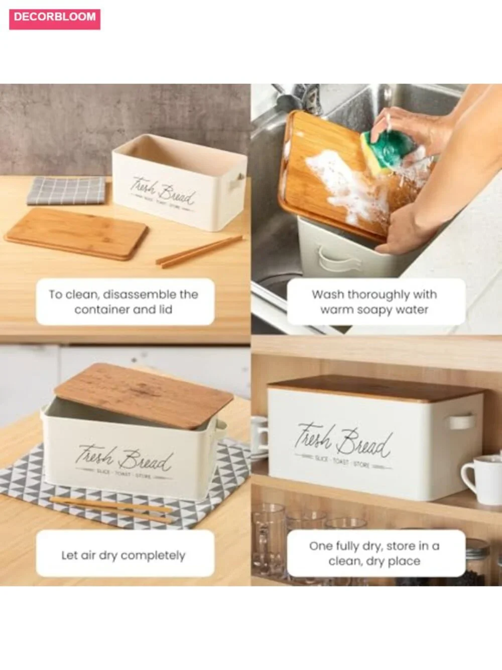 White Metal Bread Box with Wood Cutting Board Lid and Side Handles